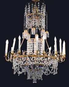 Swedish Gustavian Sixteen-Light Crystal Chandelier with Cobalt Glass Centers