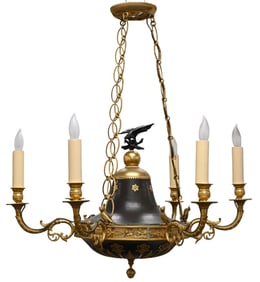 Empire Ormolu and Patinated Bronze Six-Light Chandelier with Owl Mounts