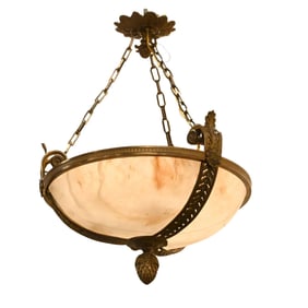 Pair of Neoclassical Gilt-Bronze and Alabaster Hanging Fixtures