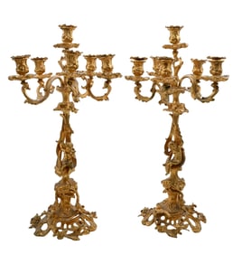 Pair of Henri Picard (French 1831-1864) Dore Bronze Five-Light Candelabra