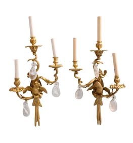 Pair of Rock Crystal and Gilt-Bronze Parrot Two-Light Wall Sconces