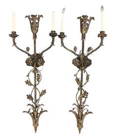 Pair of Monumental Cast-Metal Oak Leaf and Acorn Wall Sconces