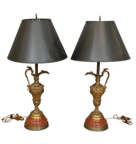 Pair of French Bronze Mounted Figural Ewer Lamps