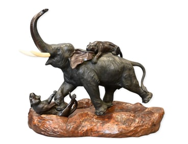 Large Japanese Meiji Bronze Elephant Attacked by Tigers