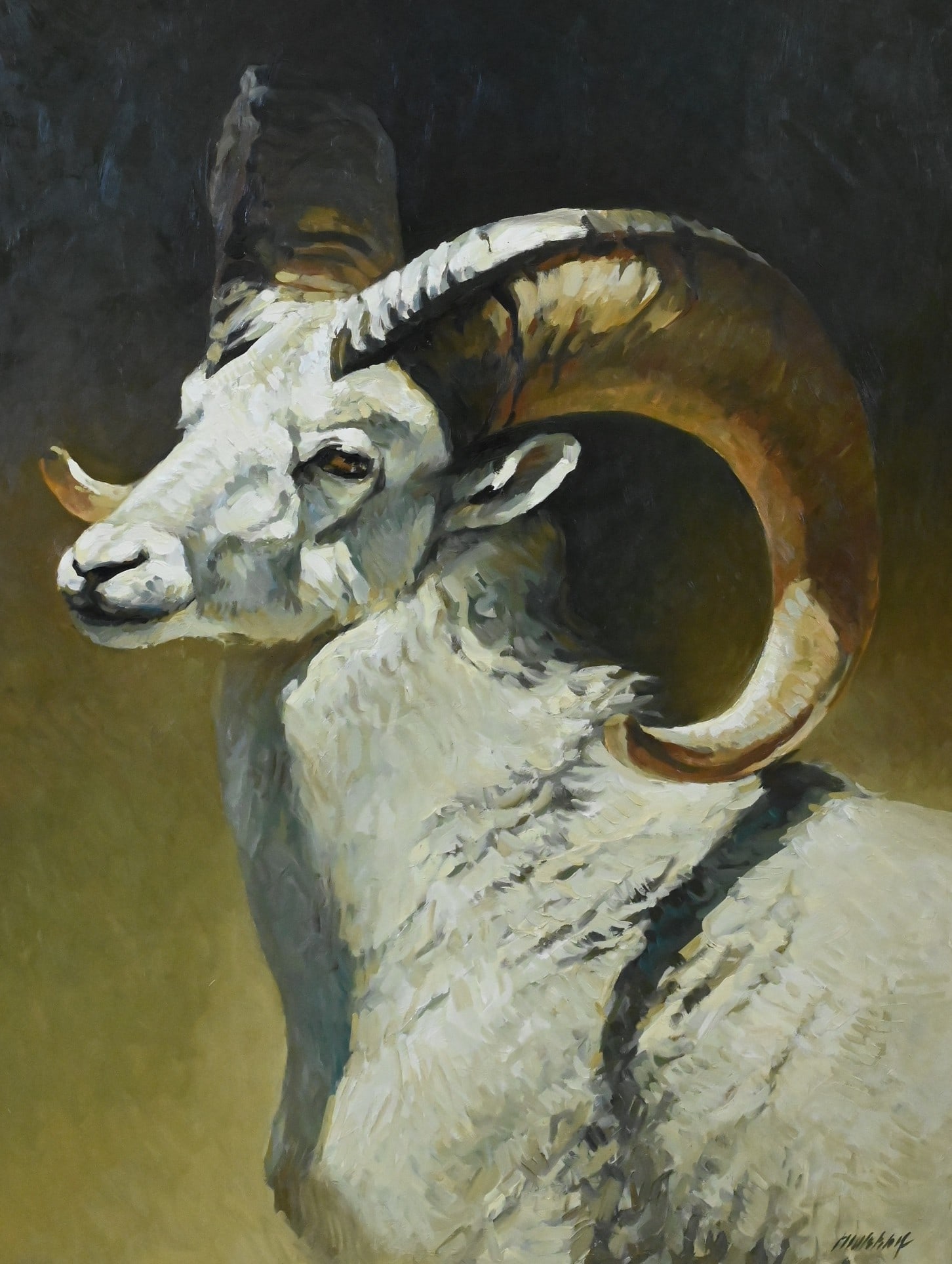 Richard Murray (American B.1948): Richard Murray (American B.1948) "Portrait of a Bighorn Ram" depicting a powerful close-up study of a bighorn sheep in three-quarter view, the majestic curved horns rendered with careful modeling and