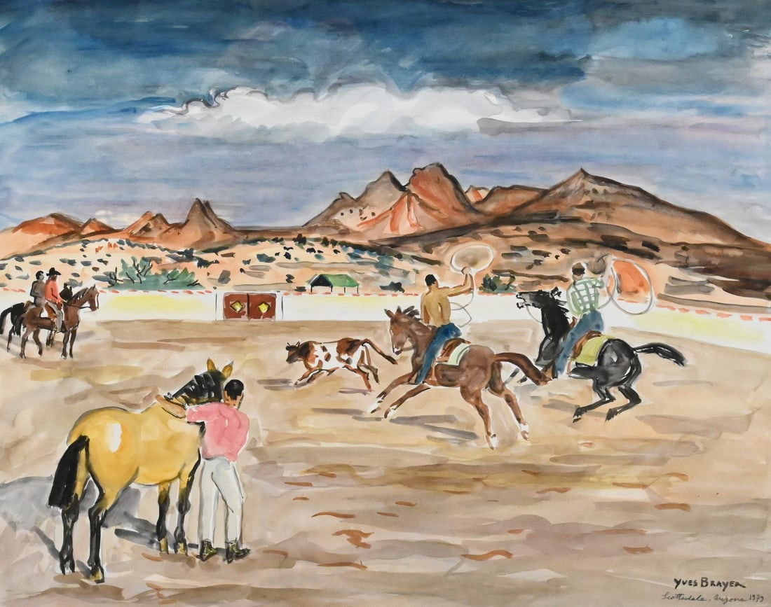 Yves Brayer (French 1907-1990): Yves Brayer (French 1907-1990) "Untitled (Herding Cattle)", 1979 Depicting a lively Western scene with riders on horseback driving cattle across a dusty corral under a dramatic sky, with distant red r