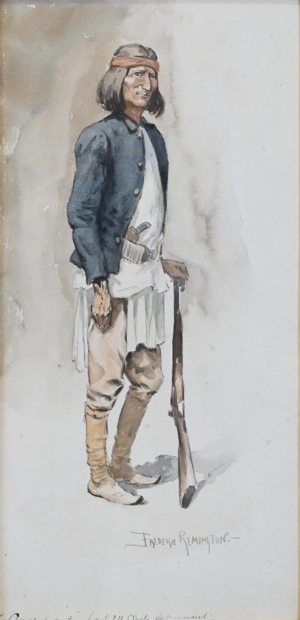 Frederic Remington (American 1861-1909): Frederic Remington (American 1861-1909) "Apache Scout", 1890 depicting a full-length standing figure of an Apache scout holding a rifle, wearing a dark blue military jacket, white breechcloth and legg
