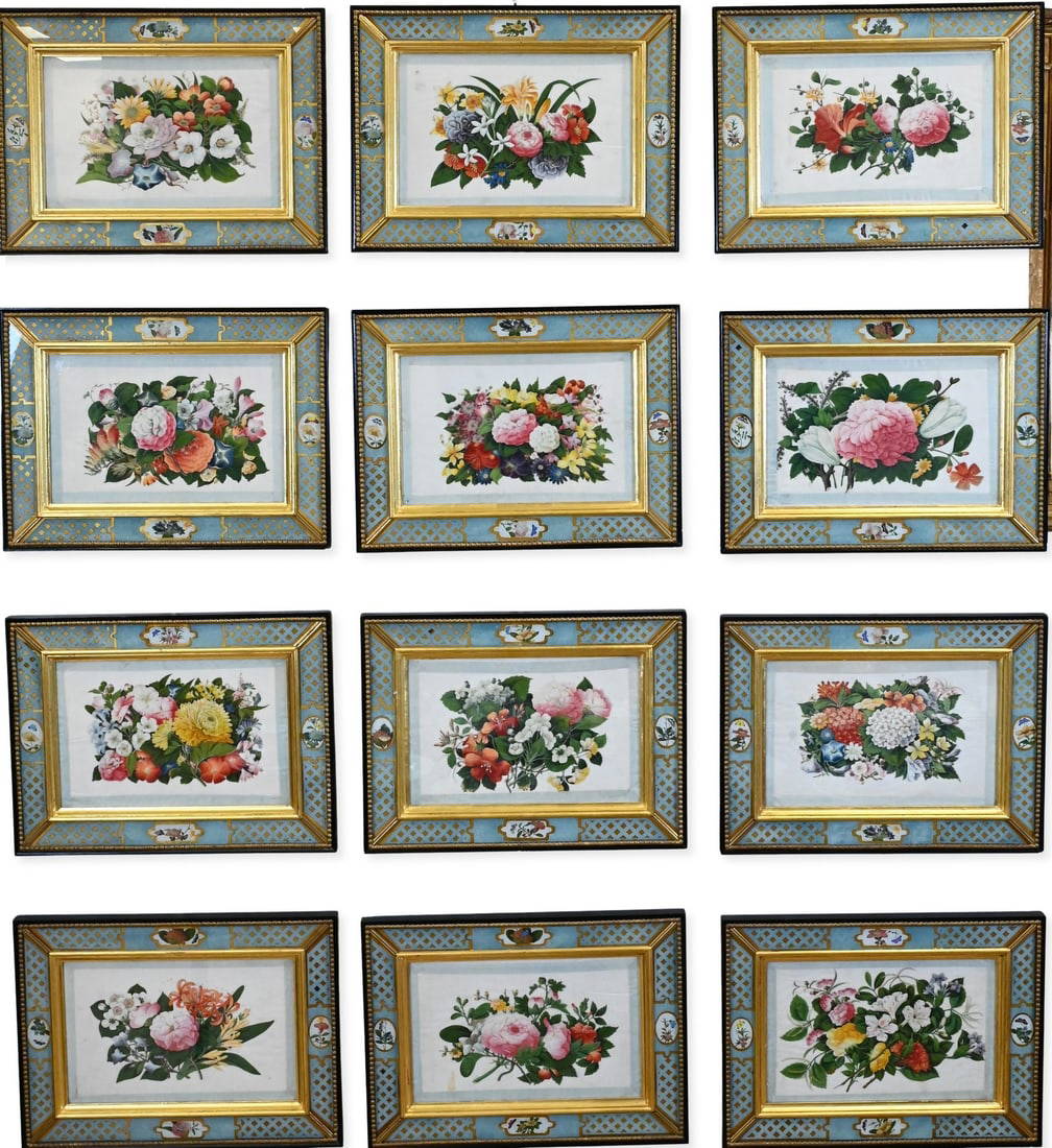 Twelve: Chinese Export School, Sunqua Workshop (Canton 19th century) Studies of Flowers on Tissue