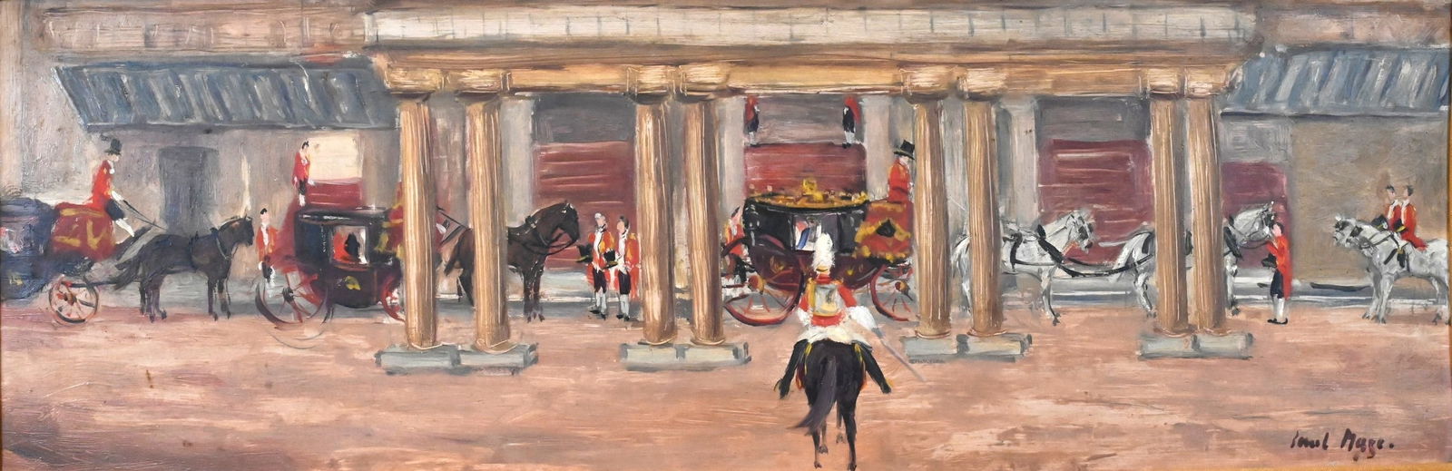 Paul Lucien Maze (British/French 1887-1979): Paul Lucien Maze (British/French 1887-1979) "King Returning to Palace" Impressionist street scene depicting a ceremonial royal procession, with mounted guards, horse-drawn carriages, and attendants ar