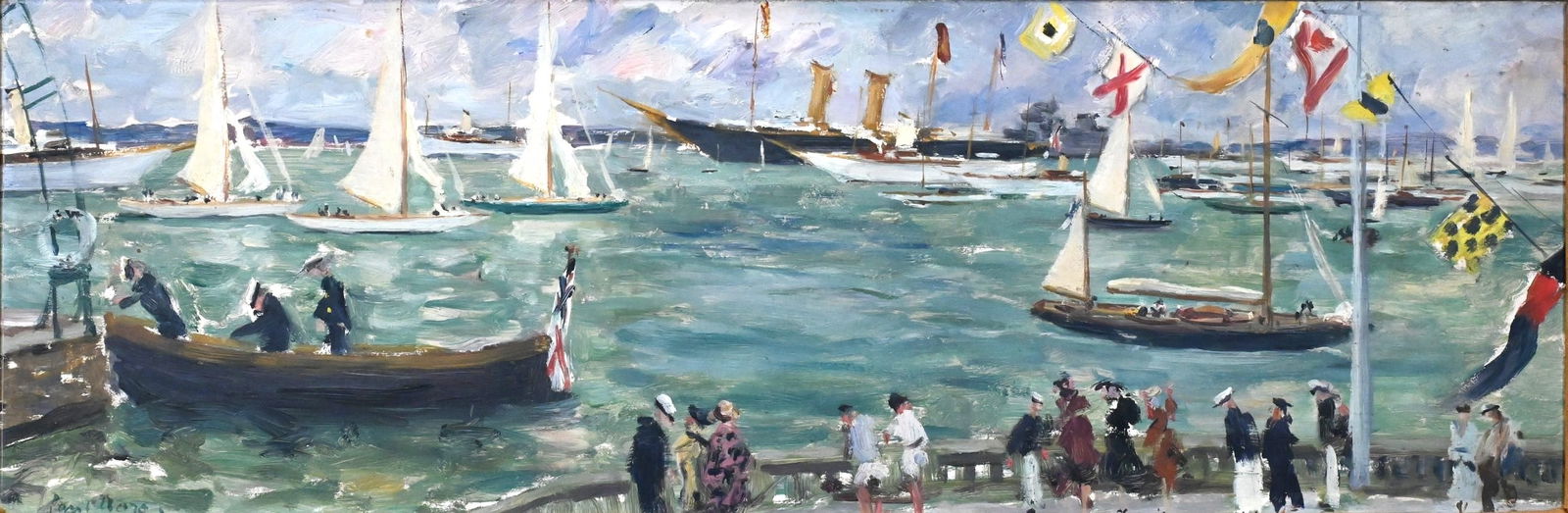 Paul Lucien Maze (British/French 1887-1979): Paul Lucien Maze (British/French 1887-1979) "Race Cup Week at Cowes" Impressionist harbor scene depicting a lively regatta with sailboats gliding across teal waters under a sky filled with brightly co