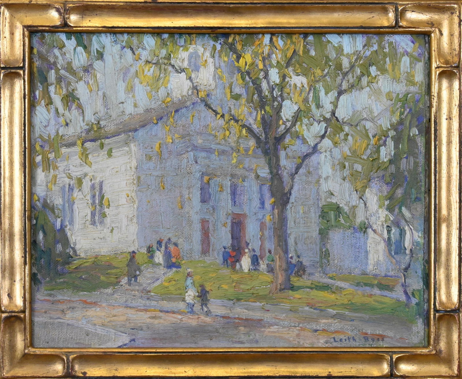 Harry Leith-Ross (American 1886-1973): Harry Leith-Ross (American 1886-1973) "Rockport Church" depicting parishioners gathered outside a white clapboard church beneath golden autumn foliage; rendered with loose, expressive brushwork and a