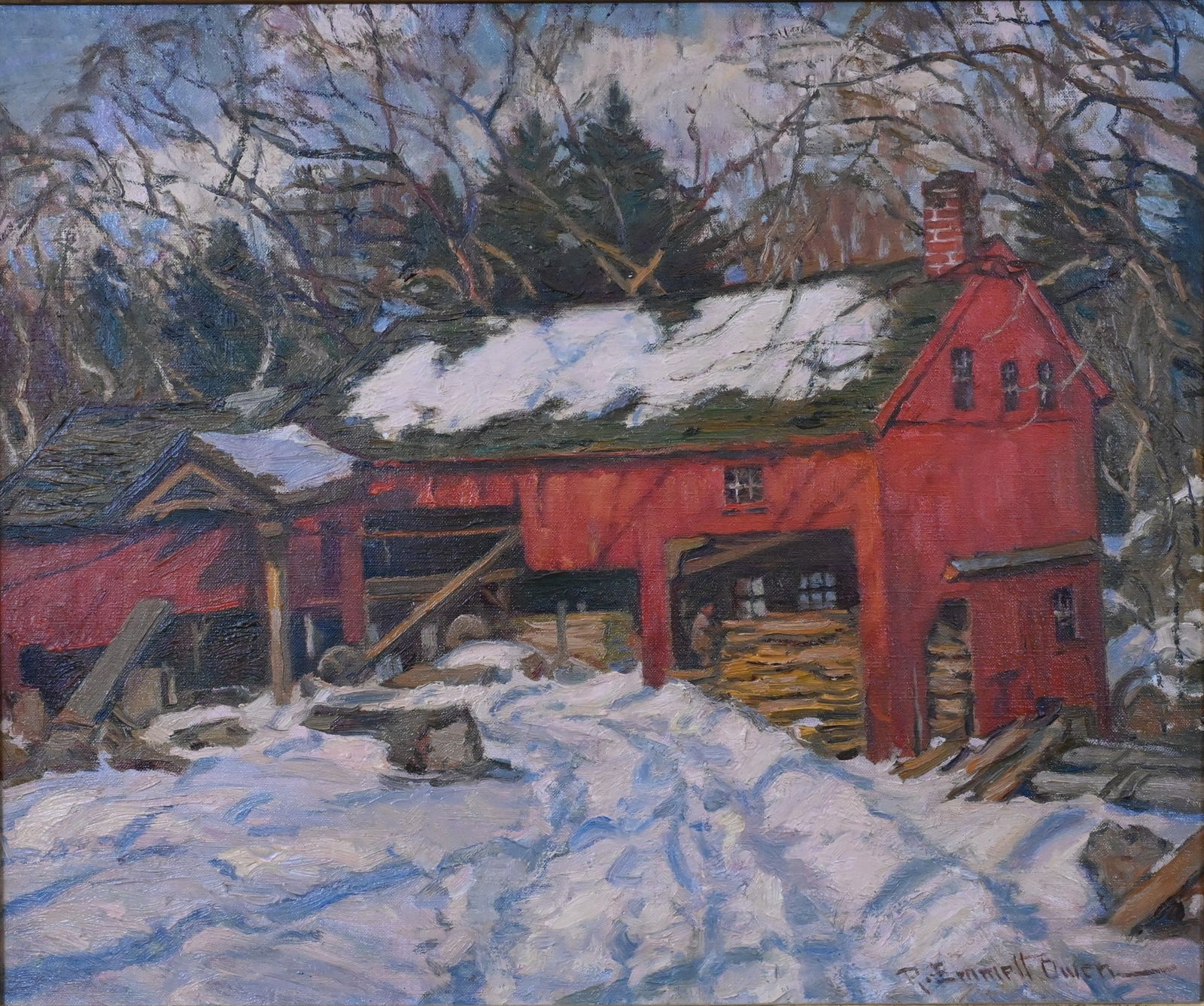 Robert Emmett Owen (American 1878-1957): Robert Emmett Owen (American 1878-1957) "Old Red Mill, Silvermine, Connecticut" depicting the historic red mill at Silvermine, Connecticut, under a winter sky, the snow-covered foreground and bare tre