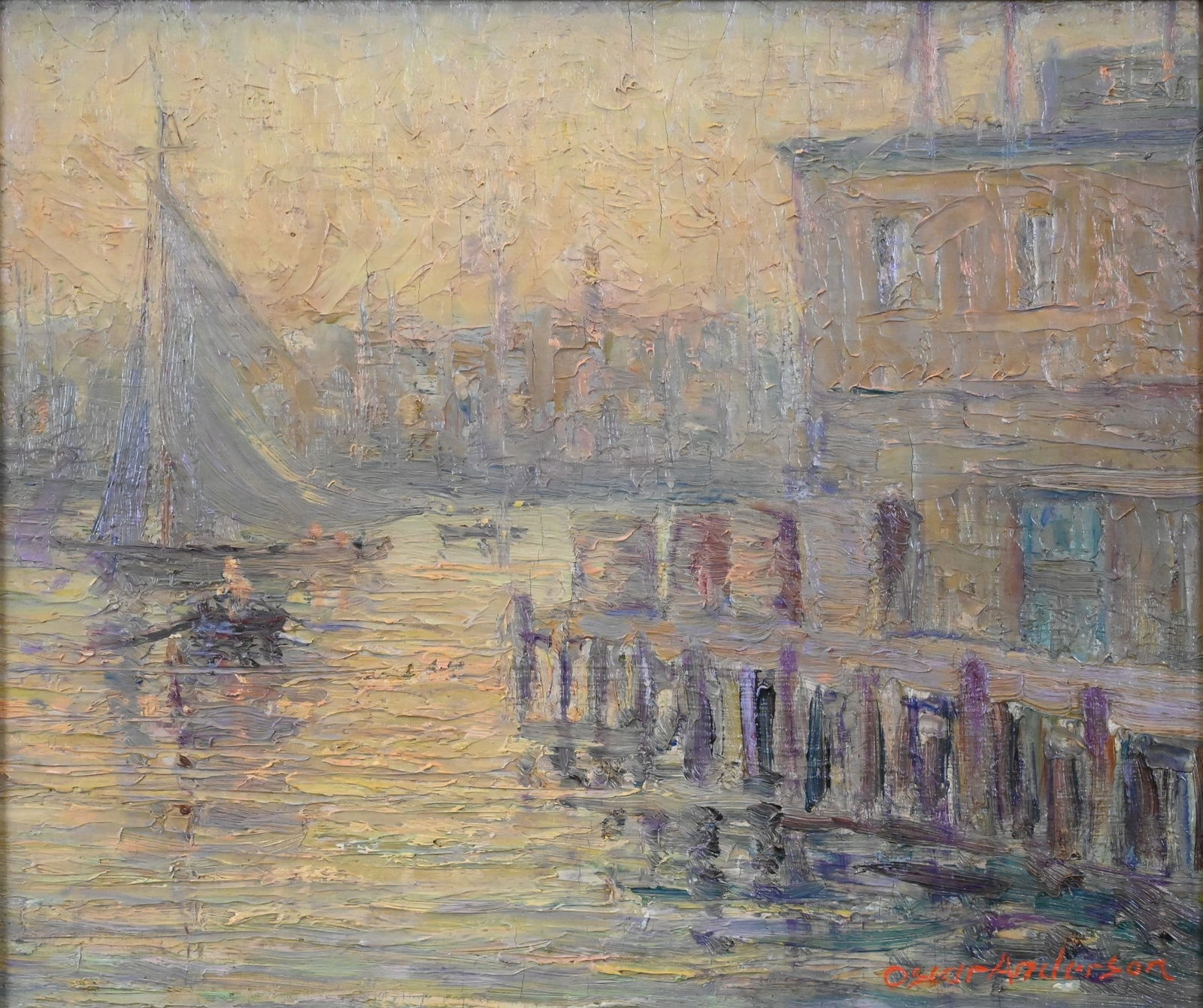 Oscar Anderson (American 1873-1953): Oscar Anderson (American 1873-1953) "Sailboat in the Harbor" depicting a sailboat gliding toward a pier as the setting sun bathes the harbor in warm golden light; the impressionistic brushwork and shi