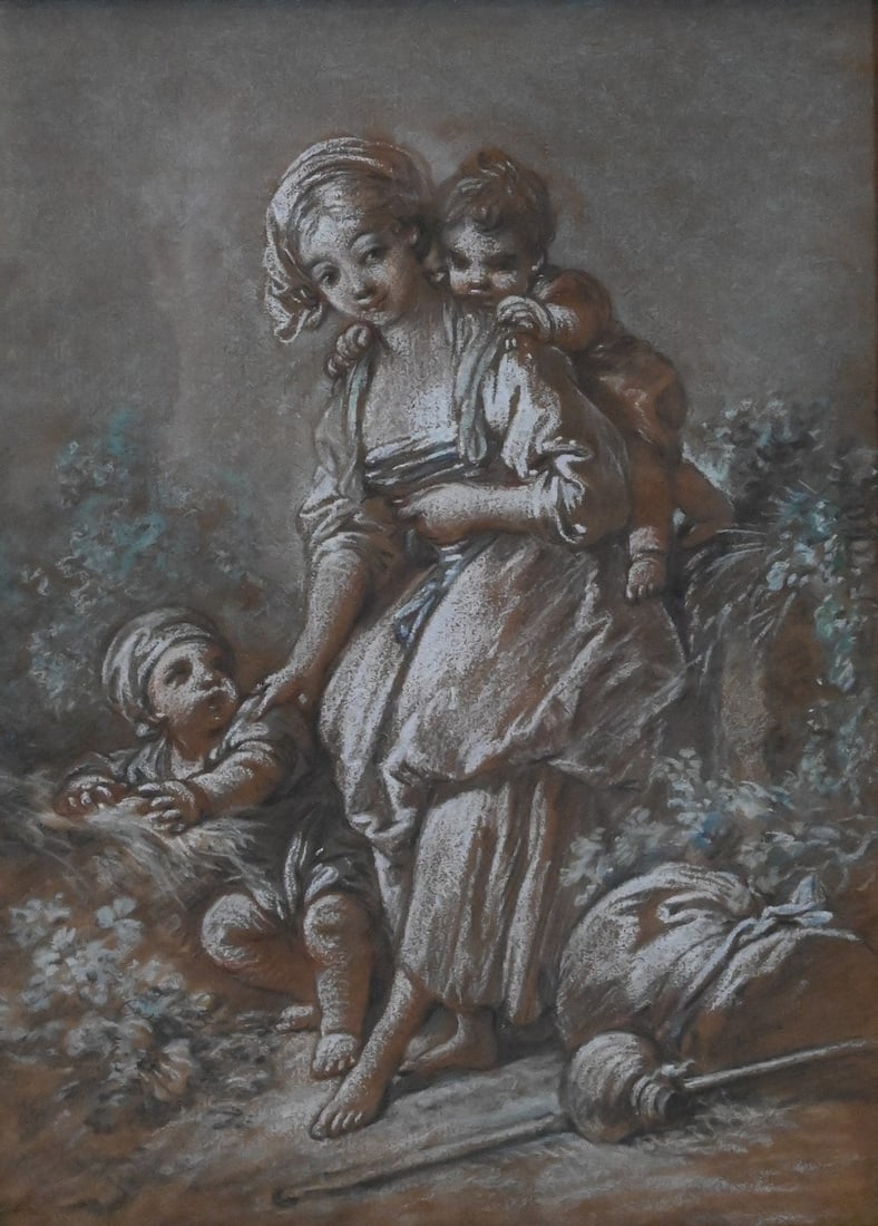 Follower of François Boucher (French 1703-1770): Follower of François Boucher (French 1703-1770) "A Peasant Girl and Two Children" depicting a young woman seated outdoors with a child on her back and another reaching for her hand, set within a