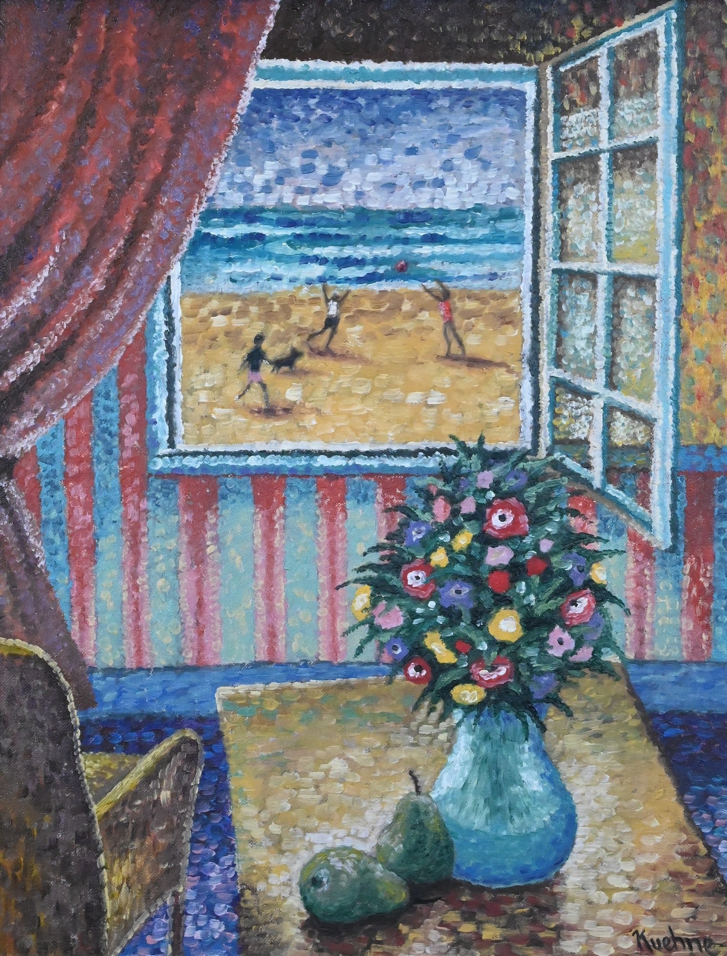 Max Kuehne (American 1880-1968): Max Kuehne (American 1880-1968) Window View of the Beach Depicting a vase of flowers and pears on a table before an open window overlooking figures playing on a sunlit beach, rendered in bold, pointil