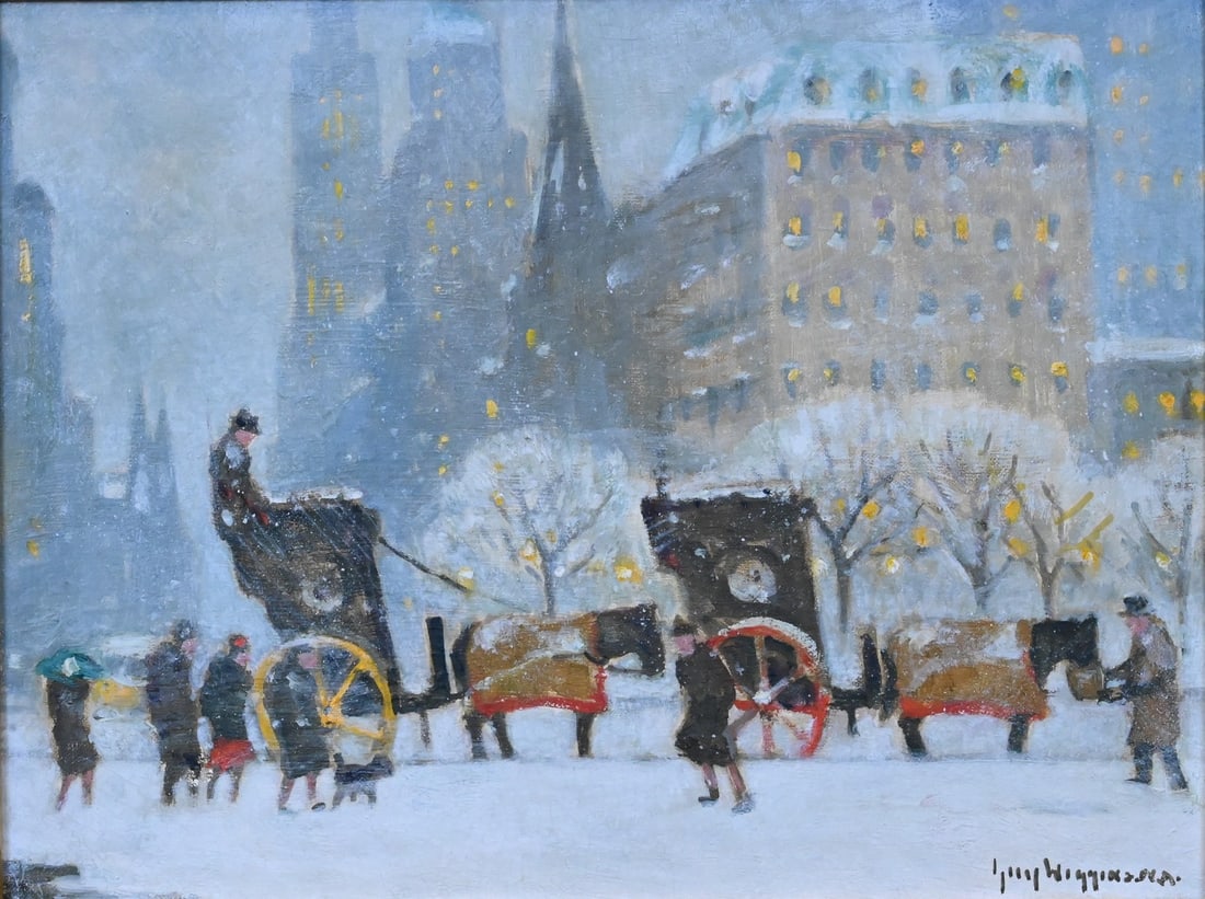 Guy Carleton Wiggins (American 1883-1962): Guy Carleton Wiggins (American 1883-1962) "Christmastime", 1959 Charming winter cityscape depicting hansom cabs and elegantly dressed figures along snow-covered streets opposite Central Park, with sof