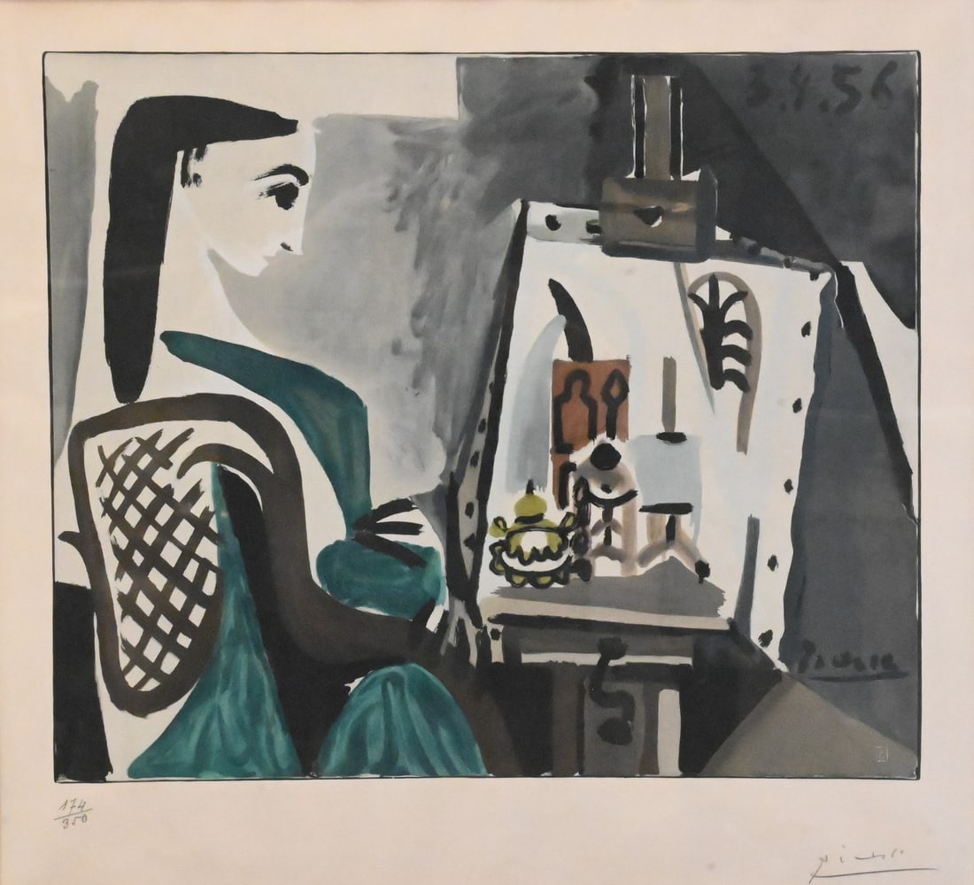 Pablo Picasso (Spanish 1881-1973): Pablo Picasso (Spanish 1881-1973) “Femme Dans L’Atelier”, 1956 depicting Jacqueline at the easel in Picasso’s distinct Cubist-derived style, executed in tones of slate blue, te