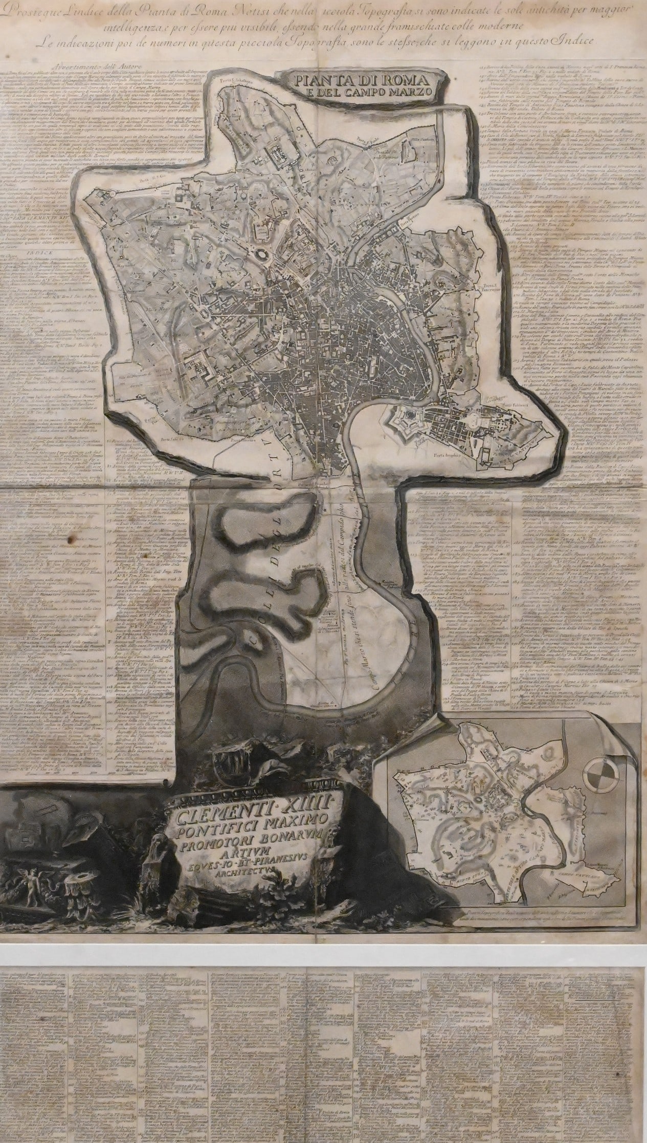 Giovanni Battista Piranesi (Italian 1720-1778): Giovanni Battista Piranesi (Italian 1720-1778) "Pianta di Roma e del Campo Marzio. Rome" circa 1774 Large map of ancient and modern Rome with extensive letterpress-style index surrounding the central