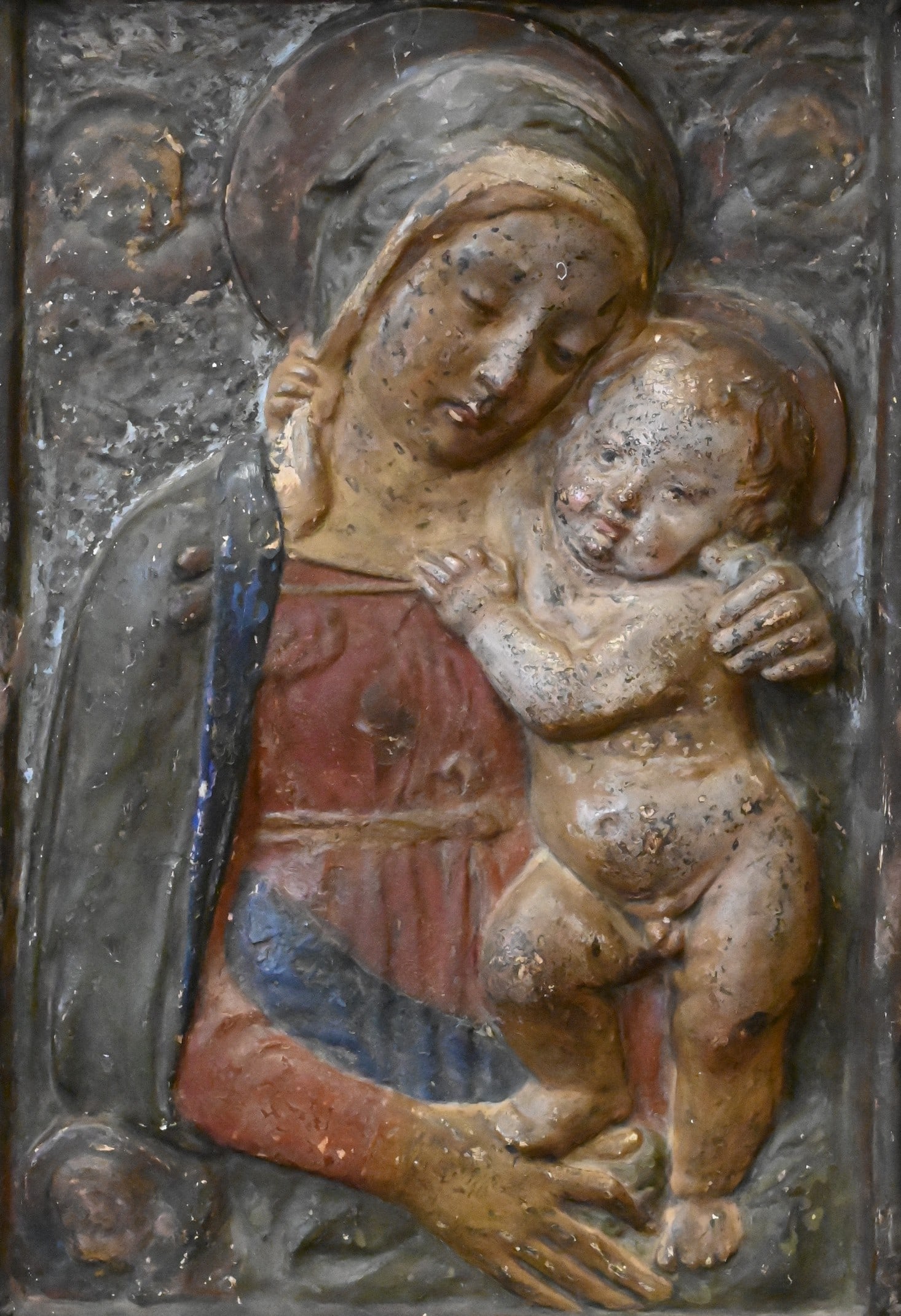 Renaissance Gesso Relief Panel of the Madonna and Child, Florence 15th Century: Renaissance Gesso Relief Panel of the Madonna and Child, Florence 15th Century A rare Florentine stucco bas-relief depicting the Madonna and Child surrounded by angels, executed in the manner of Donat