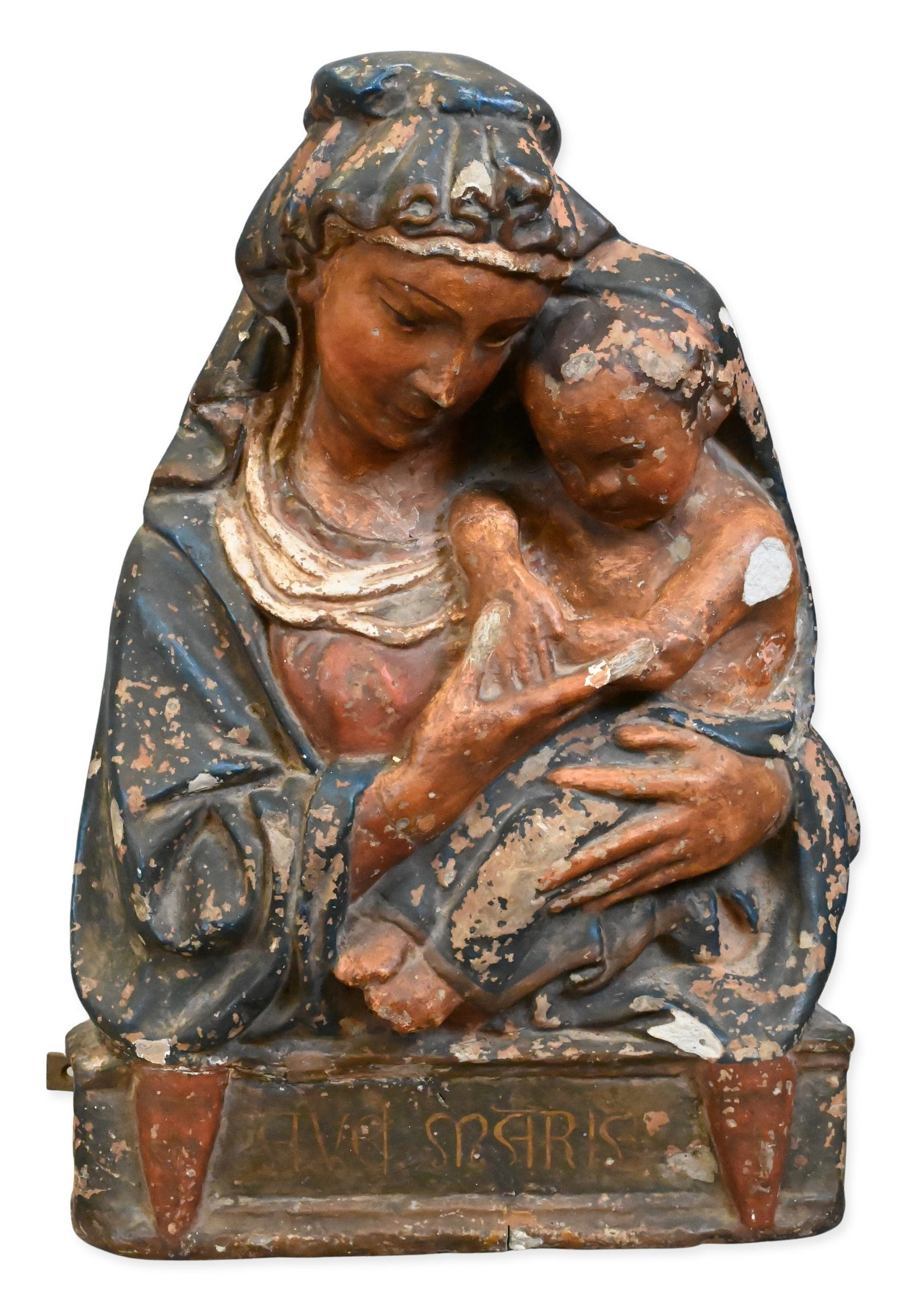 Florentine Polychrome Stucco Relief of the Virgin and Child: Florentine Polychrome Stucco Relief of the Virgin and Child In the manner of 15th-century Florentine devotional sculpture, a polychrome stucco relief depicting the Virgin tenderly embracing the Christ