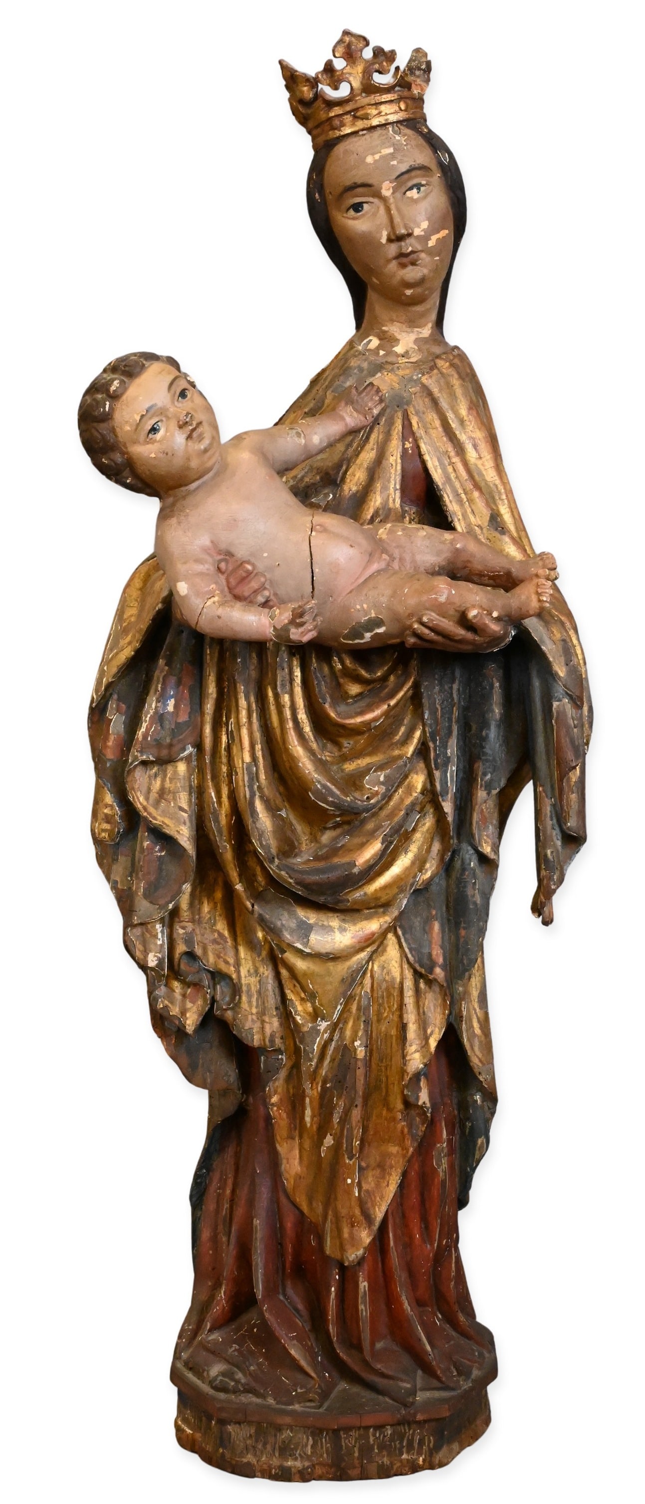 German Polychrome Carved Figural Group of the Madonna and Child, Early 15th Century: German Polychrome Carved Figural Group of the Madonna and Child, Early 15th Century A finely carved late Gothic wood sculpture of the crowned Virgin and Child, the Virgin standing in contrapposto with