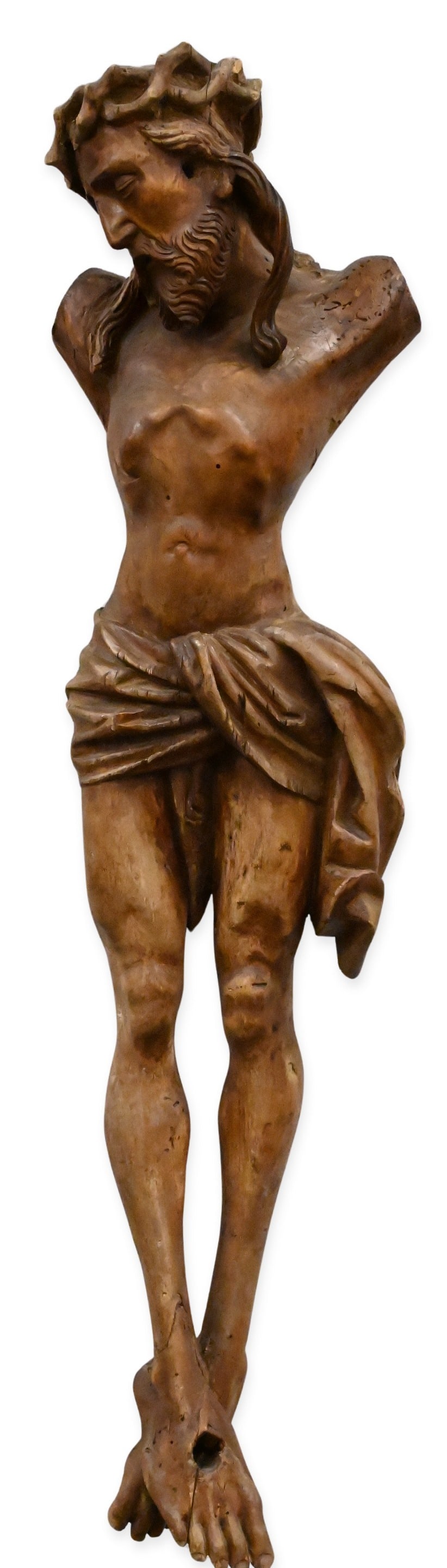 South German Linden Wood Figure of Christ Crucified, Early 16th Century: South German Linden Wood Figure of Christ Crucified, Early 16th Century A finely carved late Gothic linden wood Corpus figure of Christ, His thorn-crowned head inclined to the left. The emaciated tors