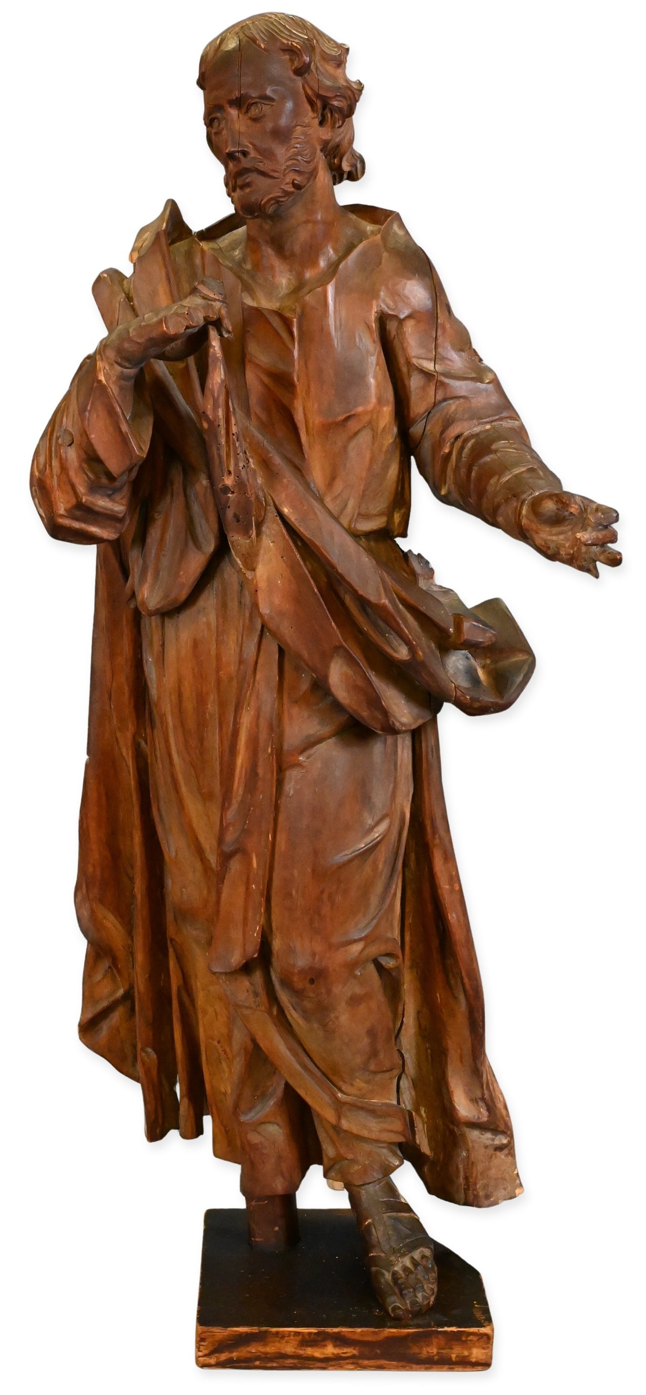 Attributed to Tilman Riemenschneider (German circa 1460-1531): Attributed to Tilman Riemenschneider (German circa 1460-1531) “Carved Walnut Figure of Christ the Redeemer” A carved walnut Renaissance figure of Christ the Redeemer, shown standing with o