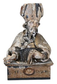 Polychrome Carved Wood Reliquary Bust of Saint Boniface, Continental 17th Century