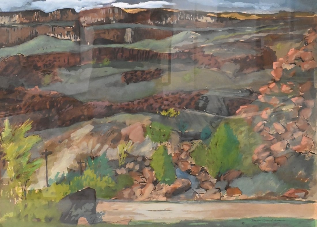 Morris Blackburn (American 1902-1979): Morris Blackburn (American 1902-1979) "Rio Grande Canyon Landscape", 1959 Mixed media, pastel, watercolor, gouache on paper Signed lower left Morris Blackburn 22" x 30"