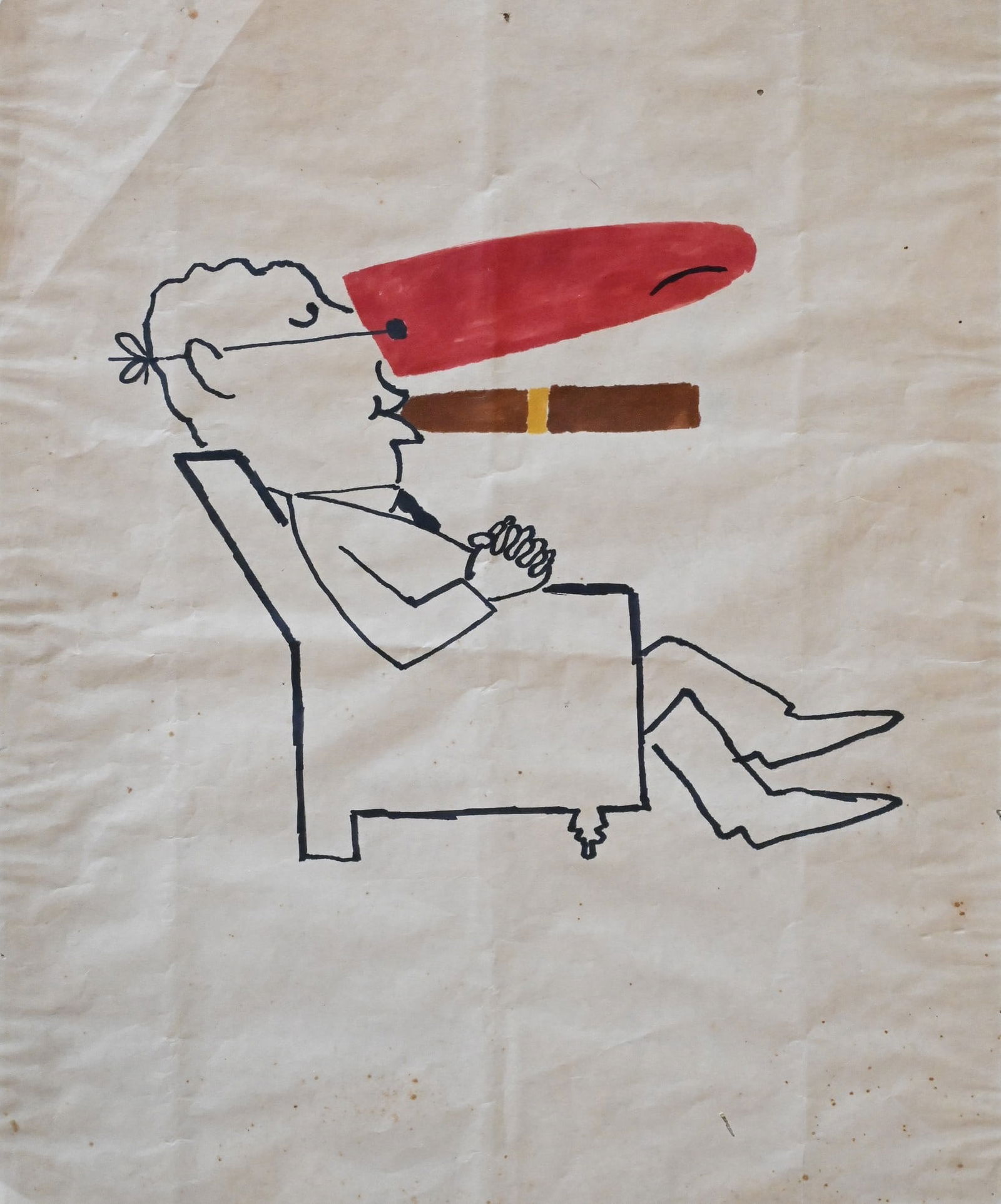 Raymond Savignac (French 1907-2002): Raymond Savignac (French 1907-2002) Cigar Chair, man reclining while smoking a cigar wearing a fake nose Pen and ink , marker on paper Signed verso Savignac 16" x 12"