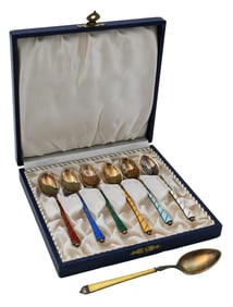 Seven Piece Danish Sterling Silver and Enamel Demi Spoon Set