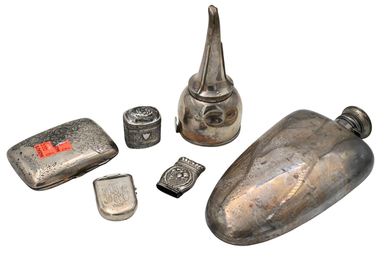 Six Piece Sterling Silver Group: Six Piece Sterling Silver Group to include one pint flask, card case, small box, two match boxes /safes and English funnel longest 9 inches, 16.8 t.oz. Provenance: From a Park Avenue, New York Estate