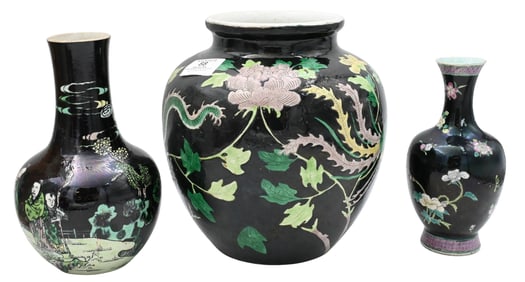Three Chinese Famille Noire Porcelain Vases