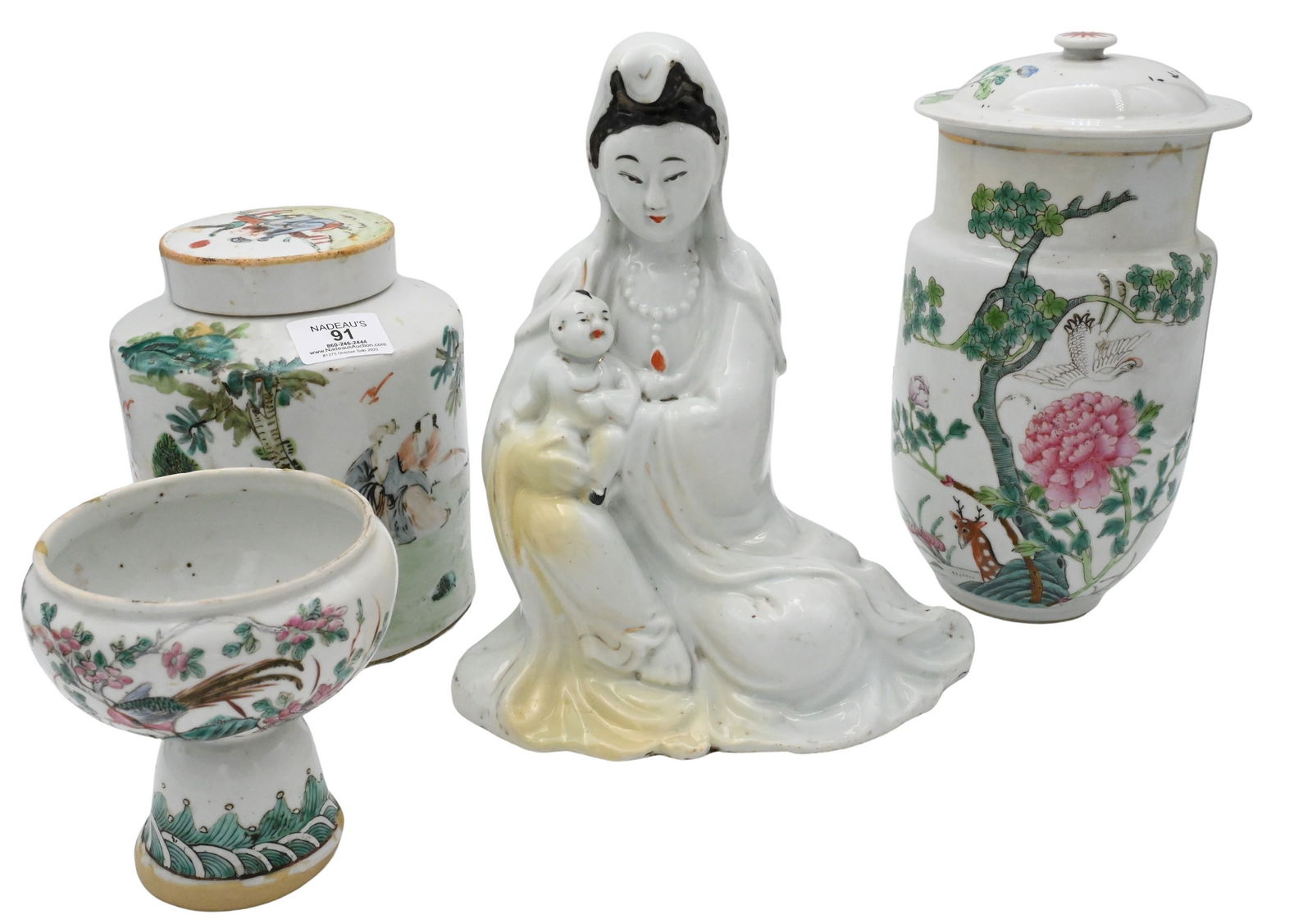 Four Chinese Republic Style Porcelain Pieces: Four Chinese Republic Style Porcelain Pieces to include two covered jars, one with crane/heron, deer and flower motif, the other with scholars, footed dish with crashing waves and bird of paradise alo