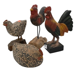 Four Carved and Painted Folk Art Chickens