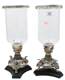 Pair of Silvered Hurricane Candlesticks