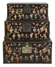 Three Black Lacquered Chinese Stacking Boxes