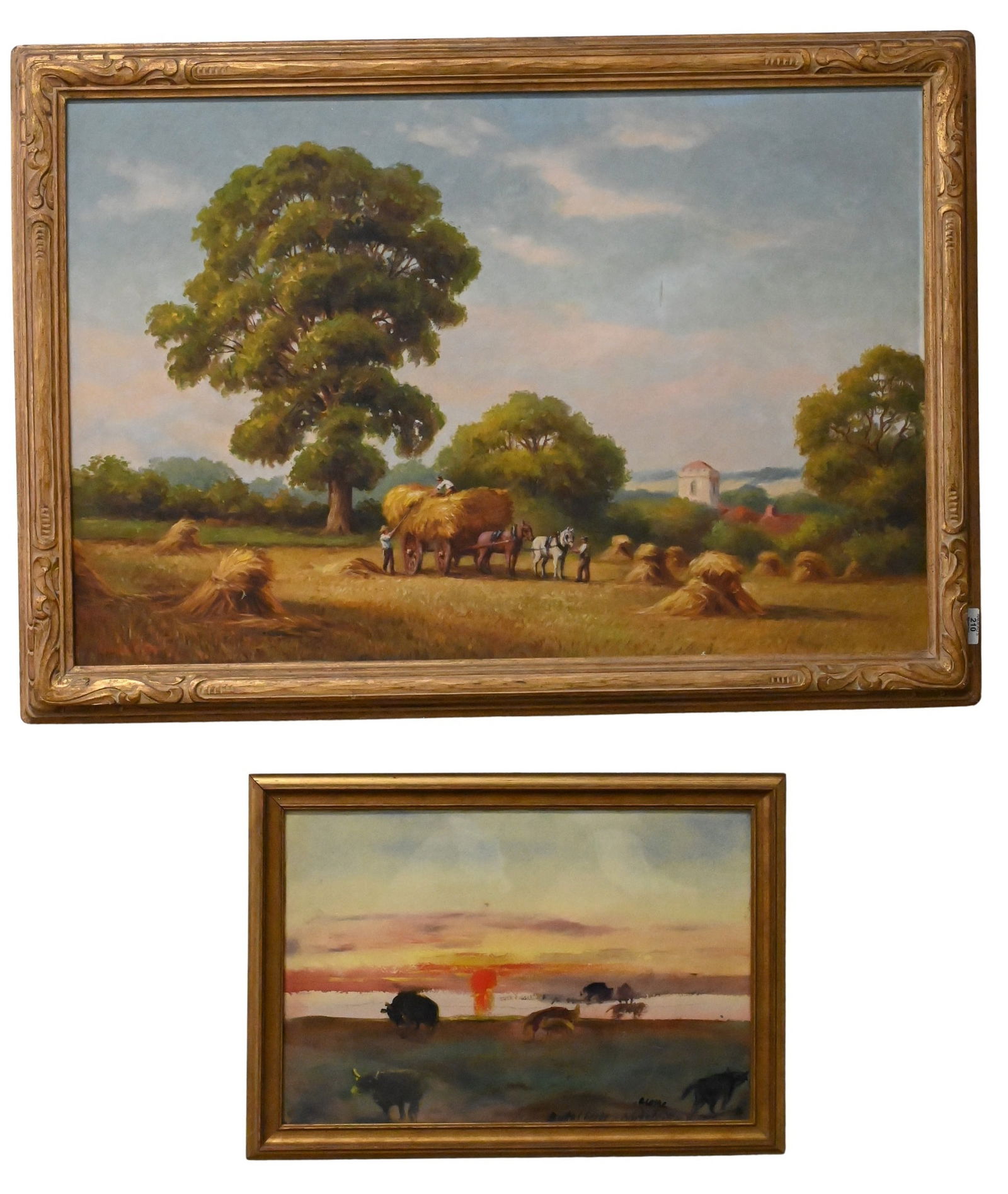 Two Framed Landscapes: Two Framed Landscapes to include Norman Badgley Wilson (American 1906-D.) "Haying Times" Harvest Scene Landscape Oil on canvas Signed lower left 24" x 36" Oskar Laske (Austrian 1874-1951) "Buffalo Her