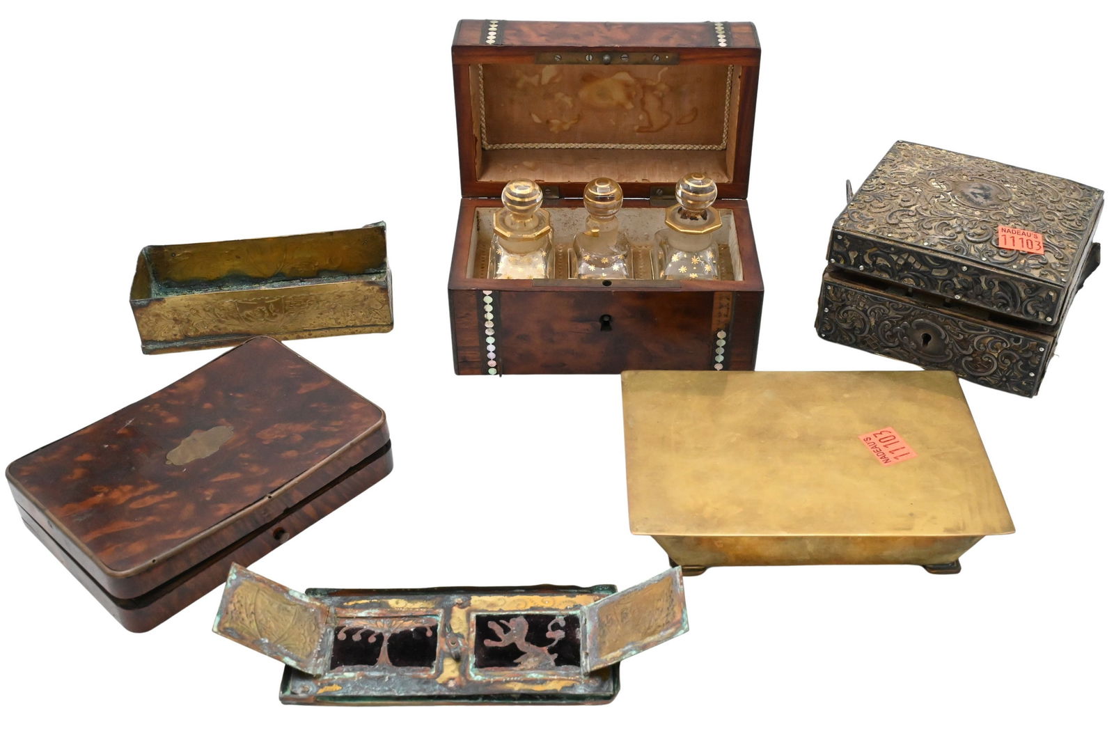Five Small Decorative Boxes: Five Small Decorative Boxes to include one brass hinged box marked Western Germany, mother of pearl inlaid tantalus with three empire gilt decanters, rectangular brass box marked Leiden opening to hin
