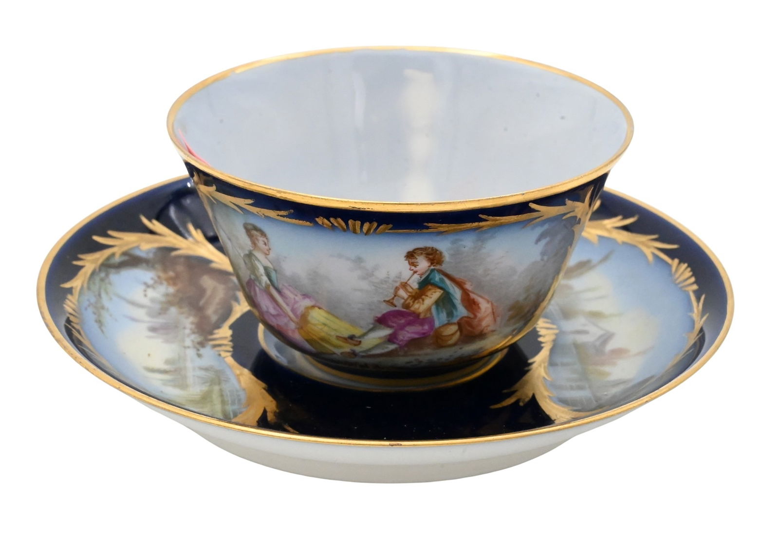 Sevres "Chateau des Tuileries" Hand Painted Cobalt Teacup and Saucer (1 of 6)
