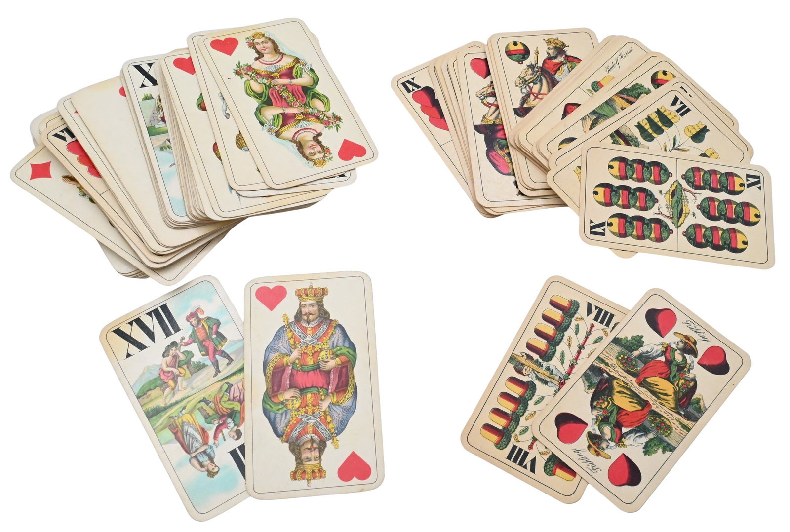 Ferdinand Piatnik & Sohne Playing Cards: Ferdinand Piatnik & Sohne Playing Cards Wein, 19th century, 86 cards total (55 in one deck with 31 additional German cards) 4 1/4" x 2 1/2"