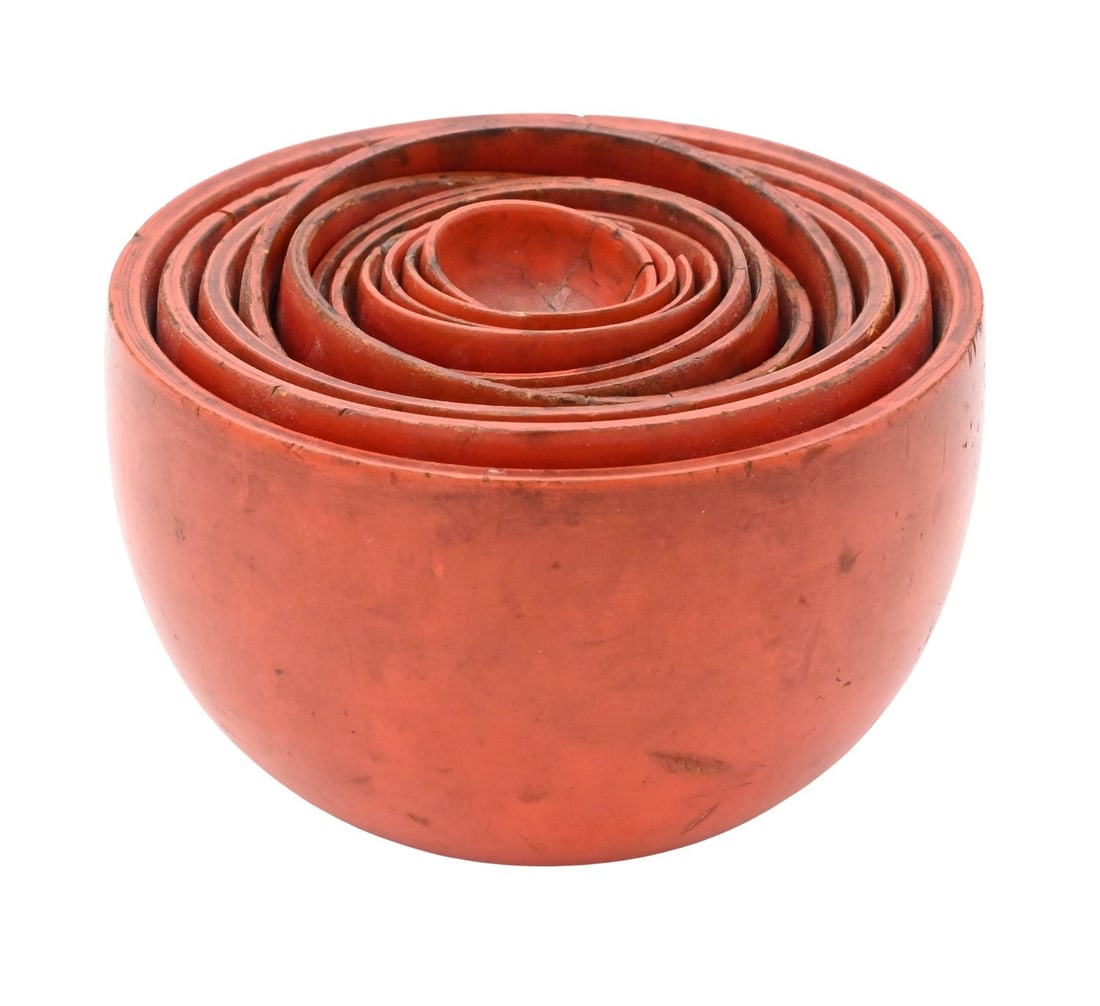 Asian Red Lacquered Ritual Nesting Bowls (1 of 3)