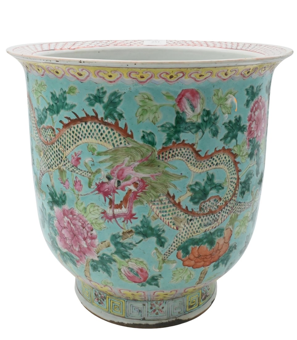 Large Chinese Famille Rose Planter: Large Chinese Famille Rose Planter to include one teal or turquoise blue ground with chrysanthemum and ho-ho bird motif, heights 13 inches diameters 15 inches
