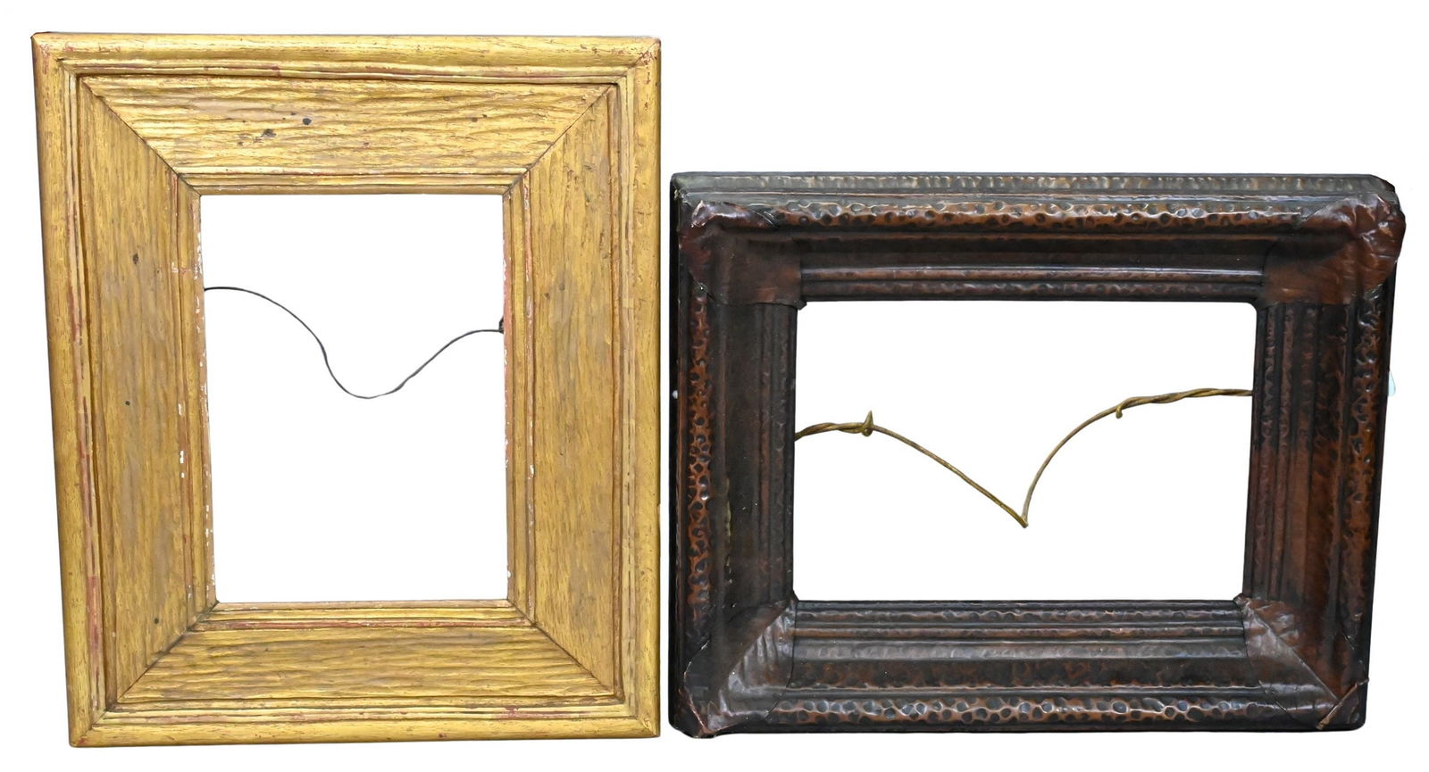 Two American Arts and Crafts Style Picture Frames: Two American Arts and Crafts Style Picture Frames to include one gilt with wave like texture and one bezzled metal with leaf design, Late 19th/ Early 20th Century 11" x 8" and 9" x 13" rabbet size