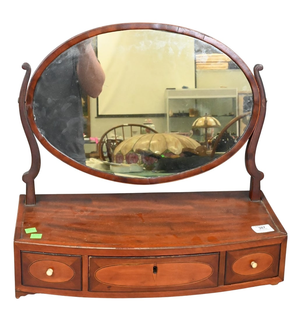 Federal Style Mahogany Inlaid Shaving Mirror: Federal Style Mahogany Inlaid Shaving Mirror having oval mirror over three drawers height 19 inches, length 22 inches