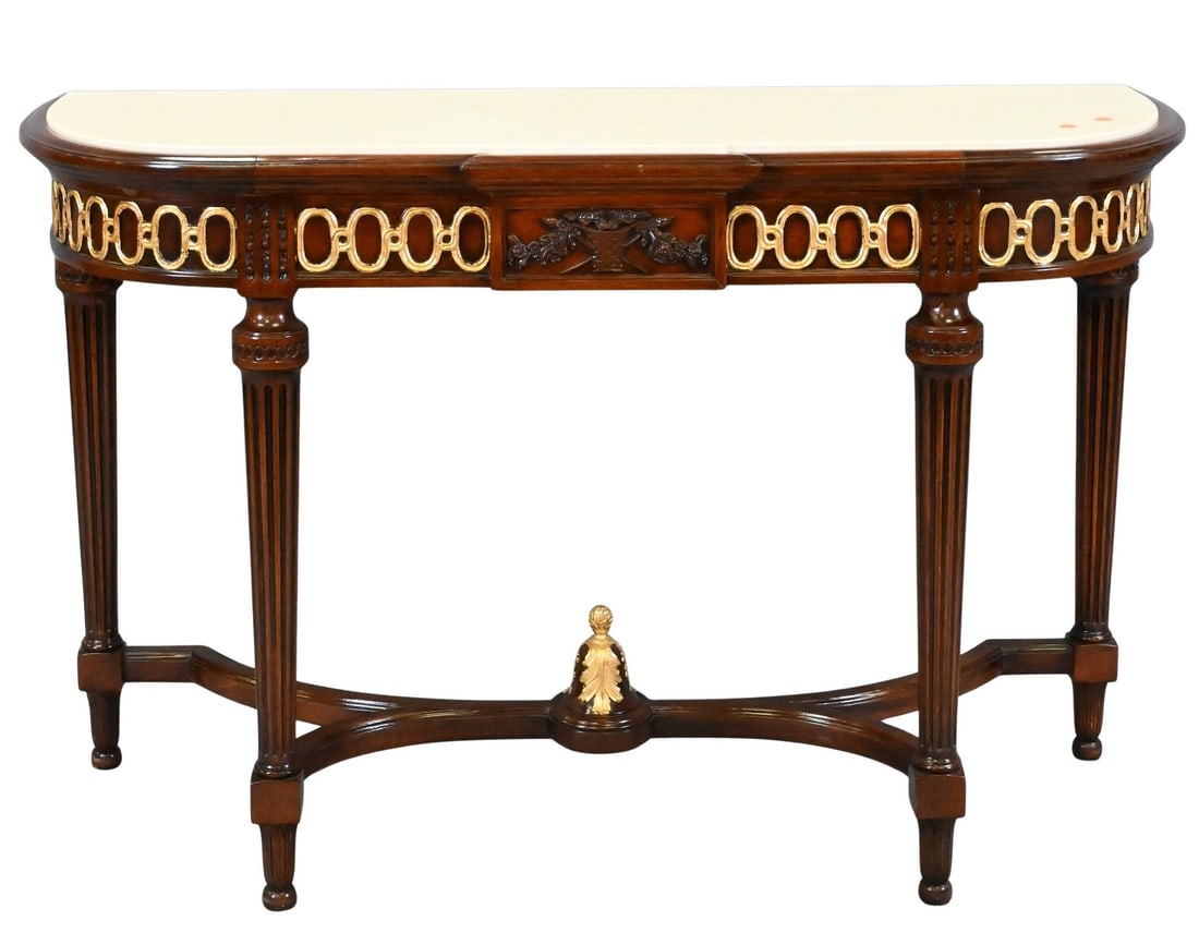 Ardley Hall Neoclassical Style Granite Top Console Table: Ardley Hall Neoclassical Style Granite Top Console Table Neoclassical style with gilt ormolu mounts, ending in fluted and tapering legs with stretcher base height 33 inches, width 53 inches, depth 20