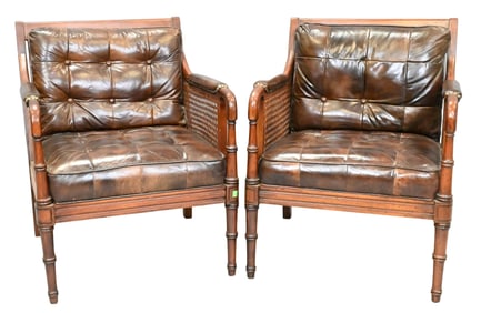Pair of Caned Armchairs with Leather Cushions