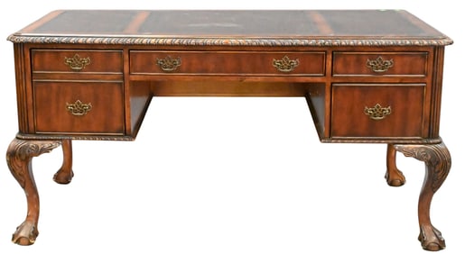 Chippendale Seven Seas Hooker Style Mahogany Leather Top Desk