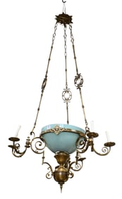 French Brass and Glass Seven Light Oil Lamp Chandelier