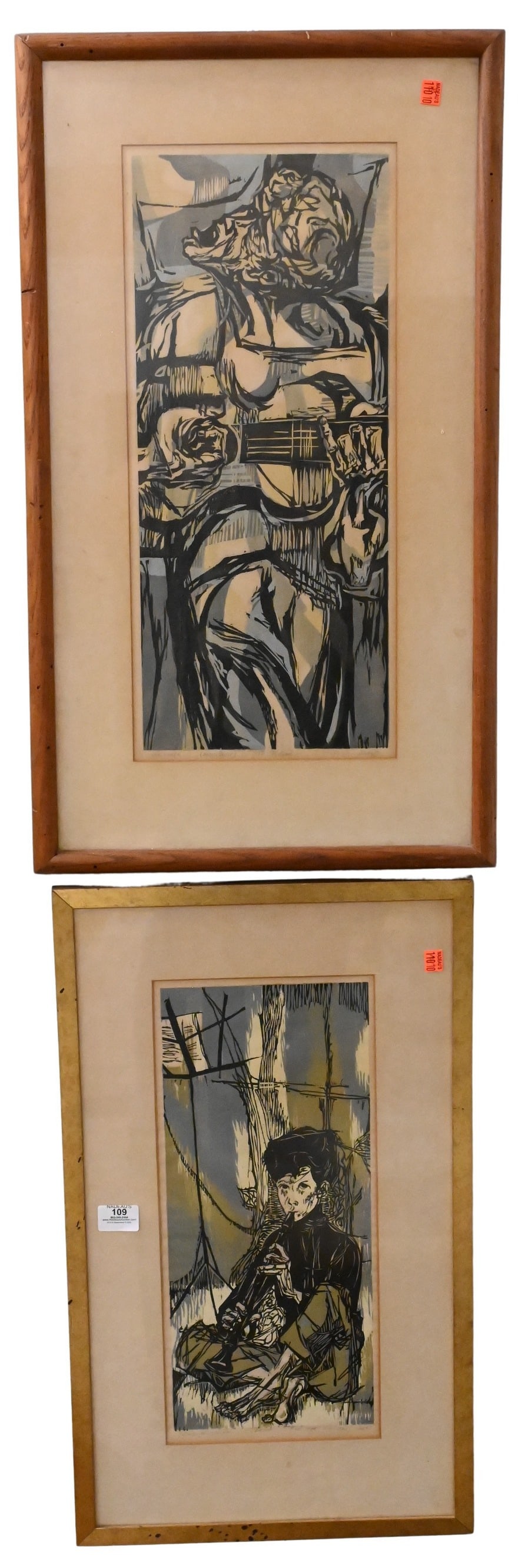 Three Framed Mid Century Woodcuts to include: Three Framed Mid Century Woodcuts to include Two: Mervin Jules (1912-1994) “Young Musician” “Folk Singer” Woodblocks in color, artist proofs along with large Leonard Baskin style woodc